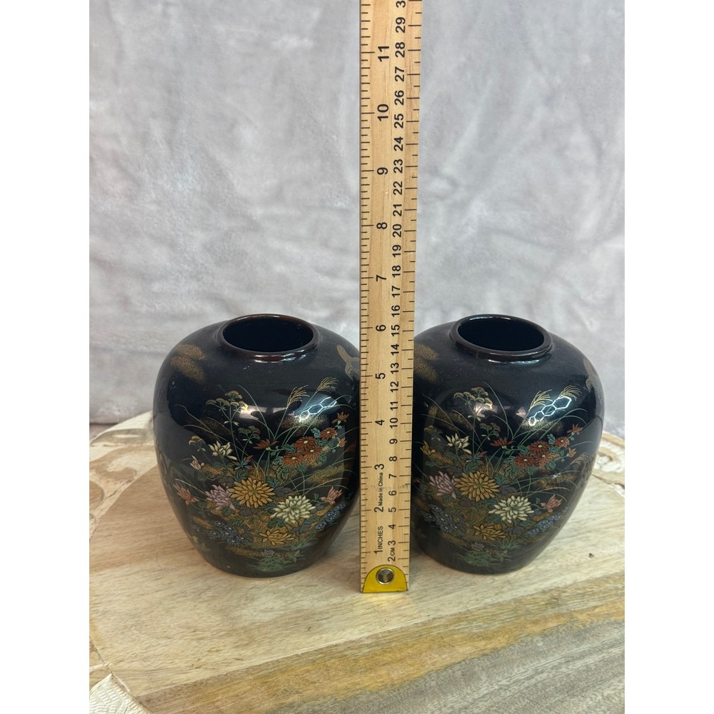 Vintage Black Bird Floral Ceramic Ginger Jars Bud Vases Set of 2 Chinoiserie
